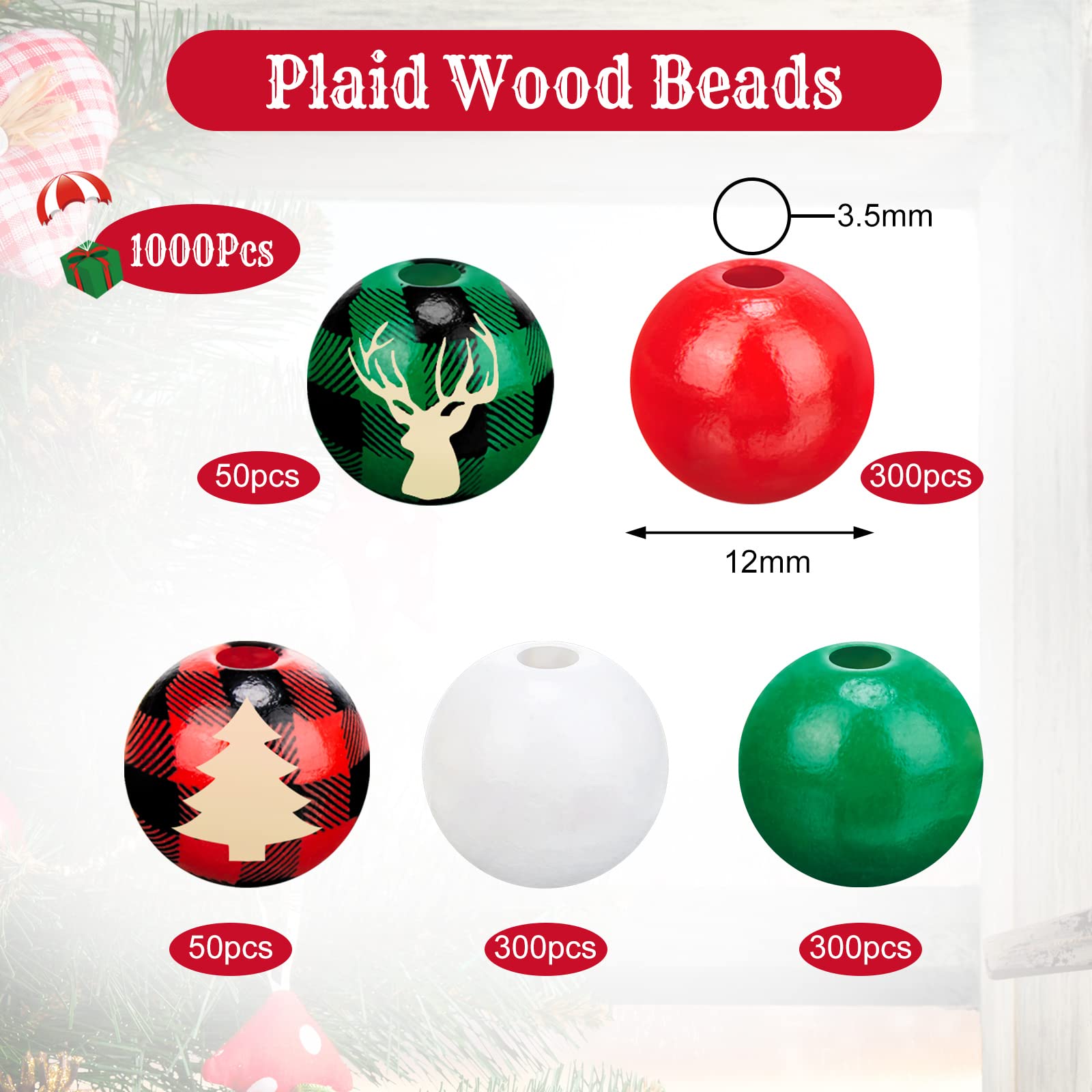 Lot de 1000 perles en bois de 12 mm pour loisirs créatifs, Noël, Thanksgiving, Halloween, fabrication de bijoux (rouge, vert, blanc, motifs multiples)