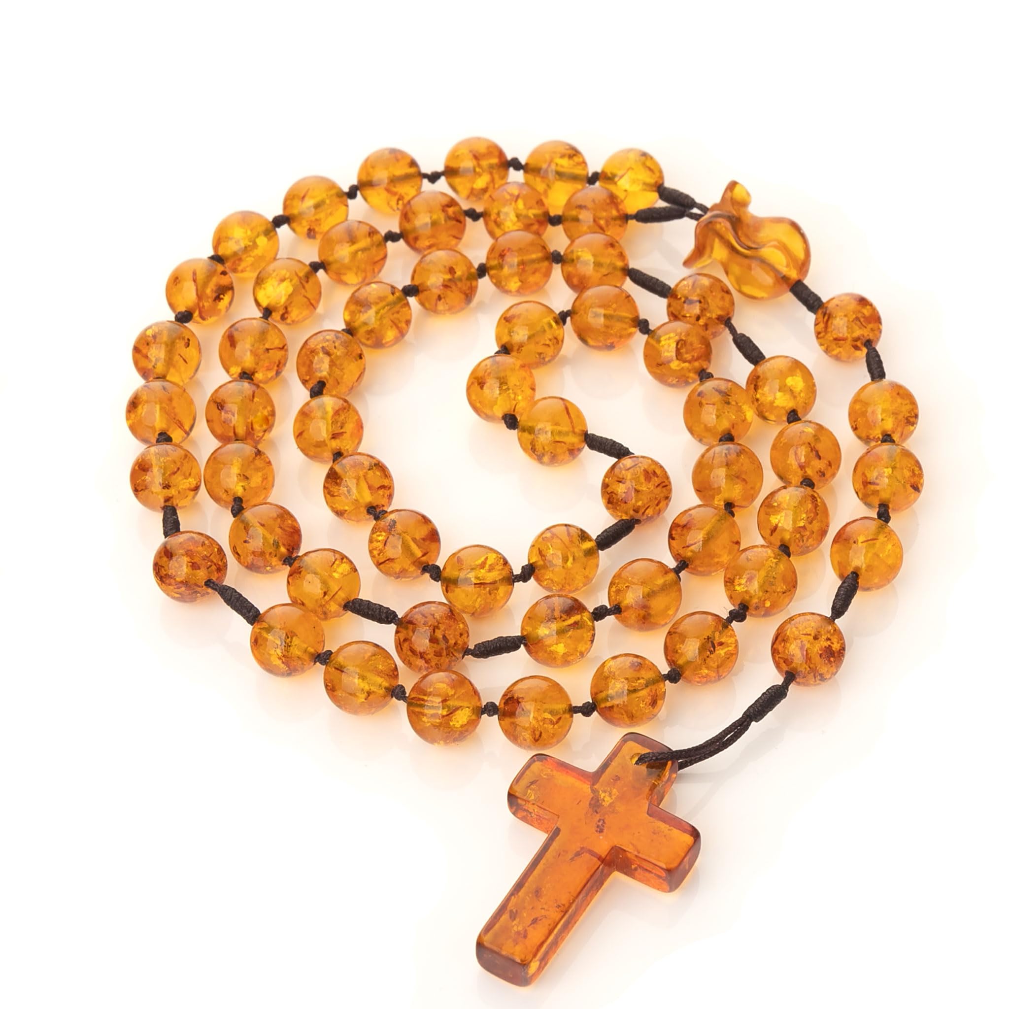 Collar hecho a mano – Rosario de ámbar báltico – Conector en forma de rosa – Regalo ideal para católicos o cristianos.