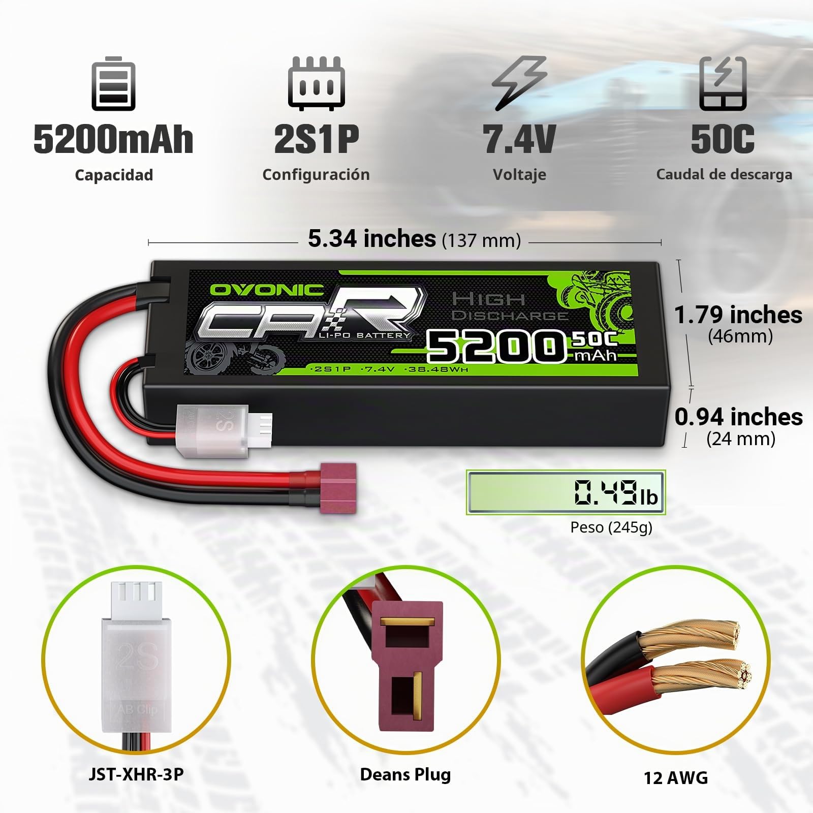 OVONIC 2s Batería Lipo 5200mAh 50C 7.4V Estuche rígido con Conector Dean Style T para RC Helicóptero RC Car RC Boat Hobby (2 Paquetes)
