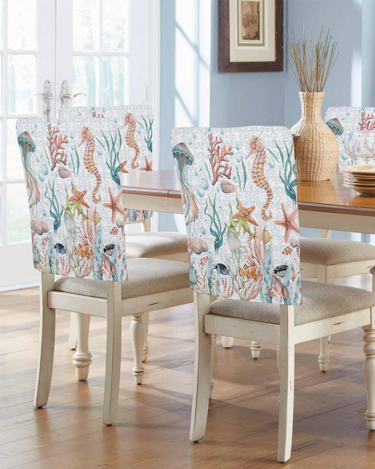 6 Packs Coastal Dining Chair Back Cover,Decorative Kitchen Dinner Chair Seat Covers Chair Slip Covers,Removable Dinning Room Slipcovers Jellyfish
