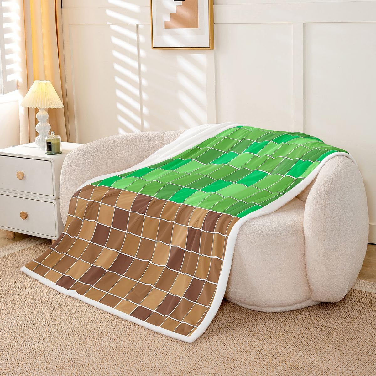 Erosebridal Gaming Plaid Fleece Blanket Throw 50"x60" Geometric Checkered Gamer Sherpa Blanket Checkerboard Games Fuzzy Plush Throw for Kids Boys Girls,Brown Green Grids Decor for Bed Couch