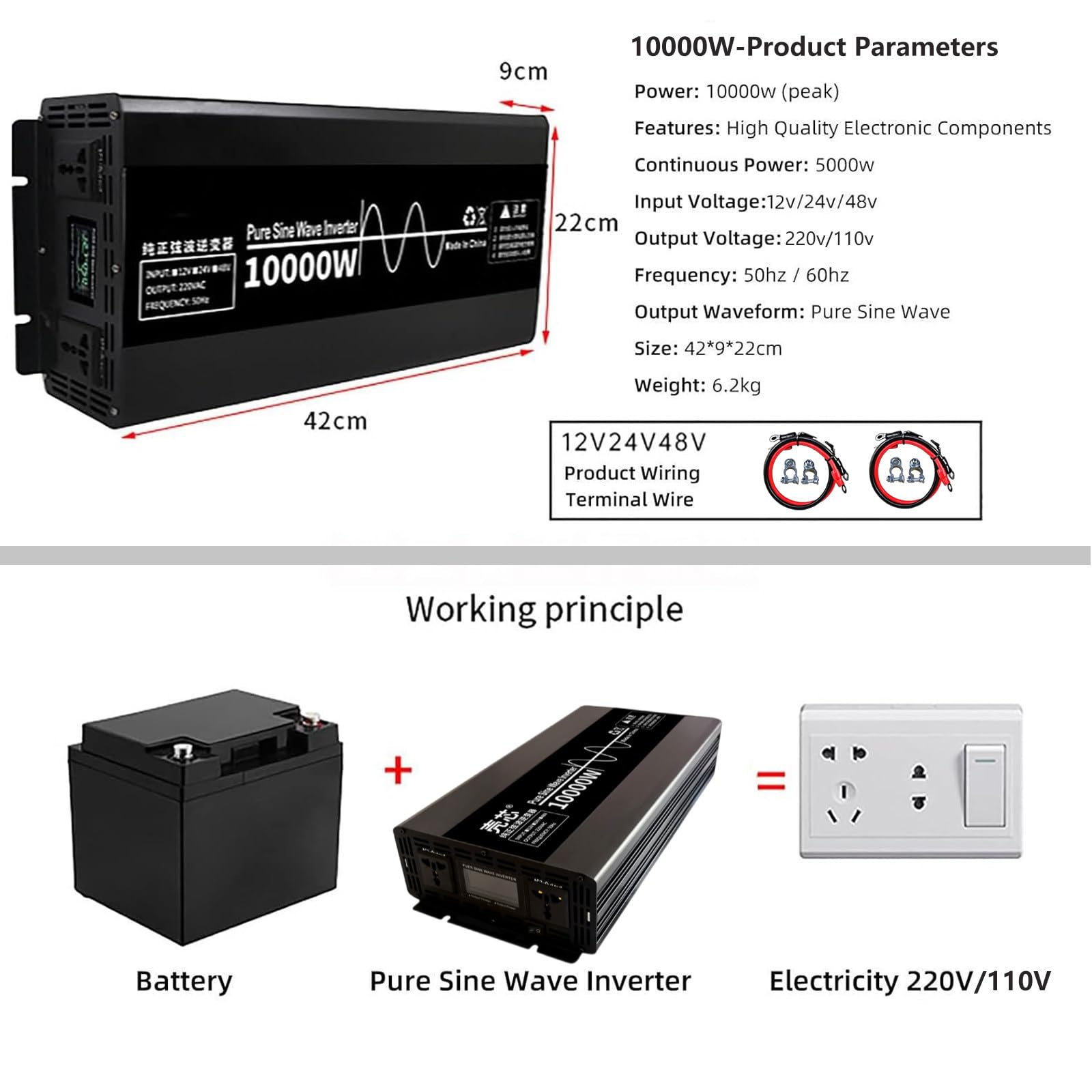Inversor de Onda Sinusoidal Pura de 4500W 7000W 10000W, 12V 24V 48V a 110V 220V, Convertidor de Potencia para Vehículo, Adaptador para Coche, para Trabajo Al Aire Libre o Camping,4500W-24V
