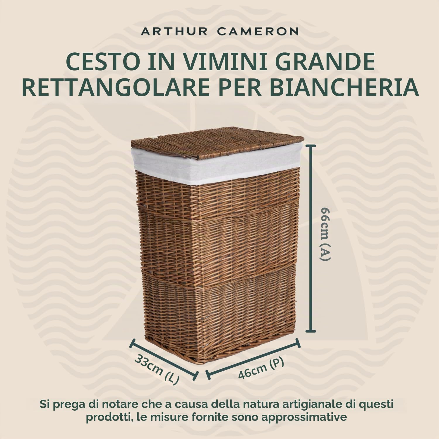 Arthur Cameron - Cesto portabiancheria rettangolare in vimini con coperchio e fodera in cotone lavabile rimovibile - Cesto portabiancheria con coperchio (grande, naturale)