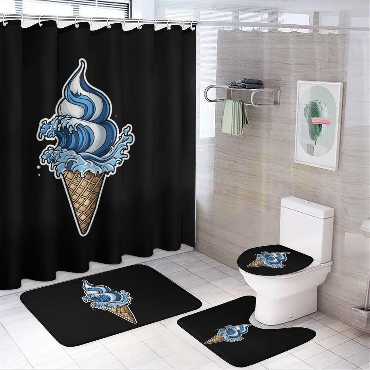 Ice Cream Cone Japanese Hokkaido Wave Bathroom Sets with Shower Curtain and Rugs 4 Piece with U-Shaped Floor Mat Toilet Lid Cover