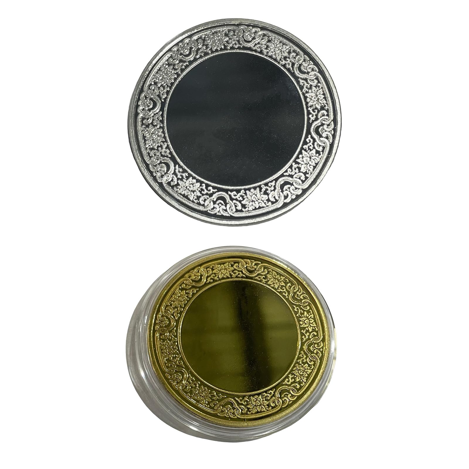 Juego de 10 monedas de desafío en blanco de 40 mm de diámetro con borde de flor para personalizar el grabado, incluye caja protectora chapada en moneda