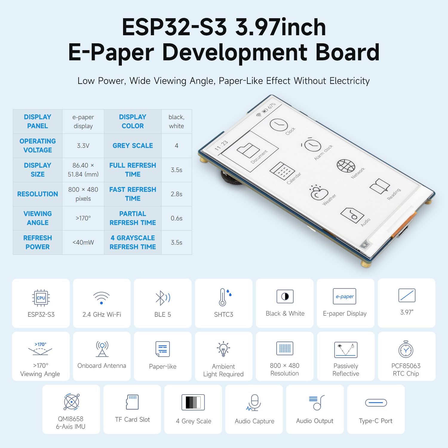 Waveshare ESP32-S3 3.97inch E-Paper Development Board Basic Kit, 800 x 480 Resolution, Supports Wi-Fi/BLE 5, And AI Voice Interaction, Onboard Microphone, with TF Card & Card Reader