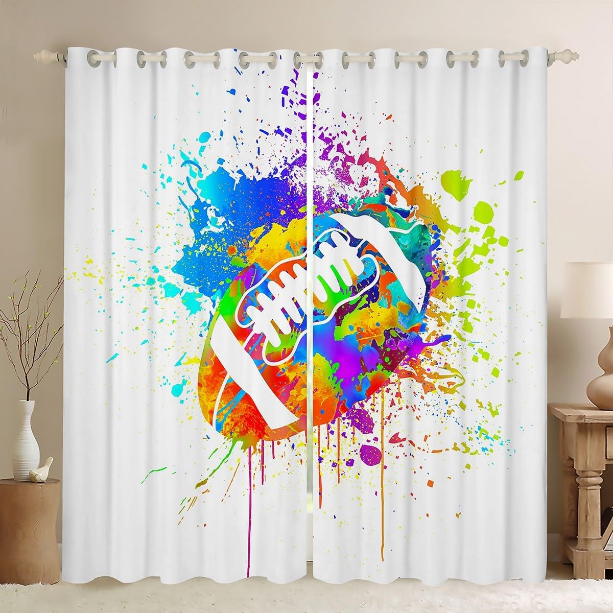 Football Basketball Window Curtains Teens Adult,Different Ball Prints Curtains for Bedroom,Sports Gaming Draperies for Living Room,Soccer Baseball Window Treatment Curtains Set of 2 Panels,52Wx63L