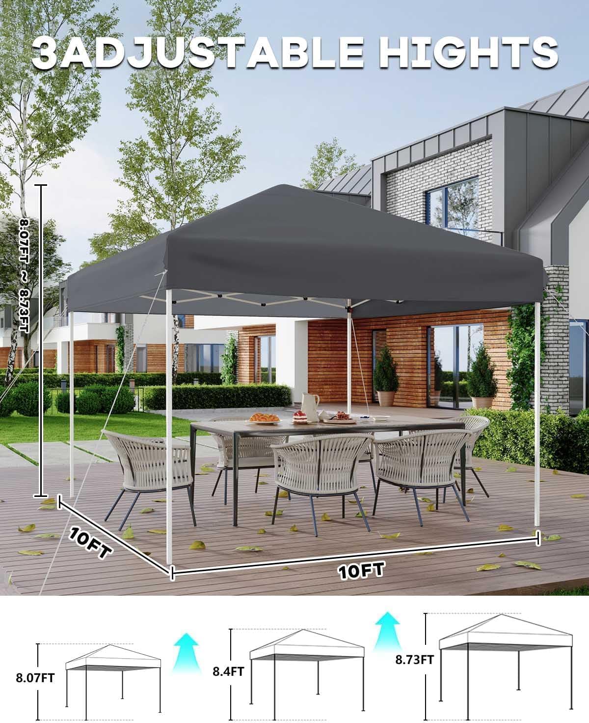 PeakPursuit 10x10ft Pop Up Canopy Tent – 3 Adjustable Heights, Sturdy Steel Frame, 210D Oxford Fabric, Quick Setup, 4 Sandbags, Carry Bag, Outdoor Shade for Camping, Backyard, Parties – Grey