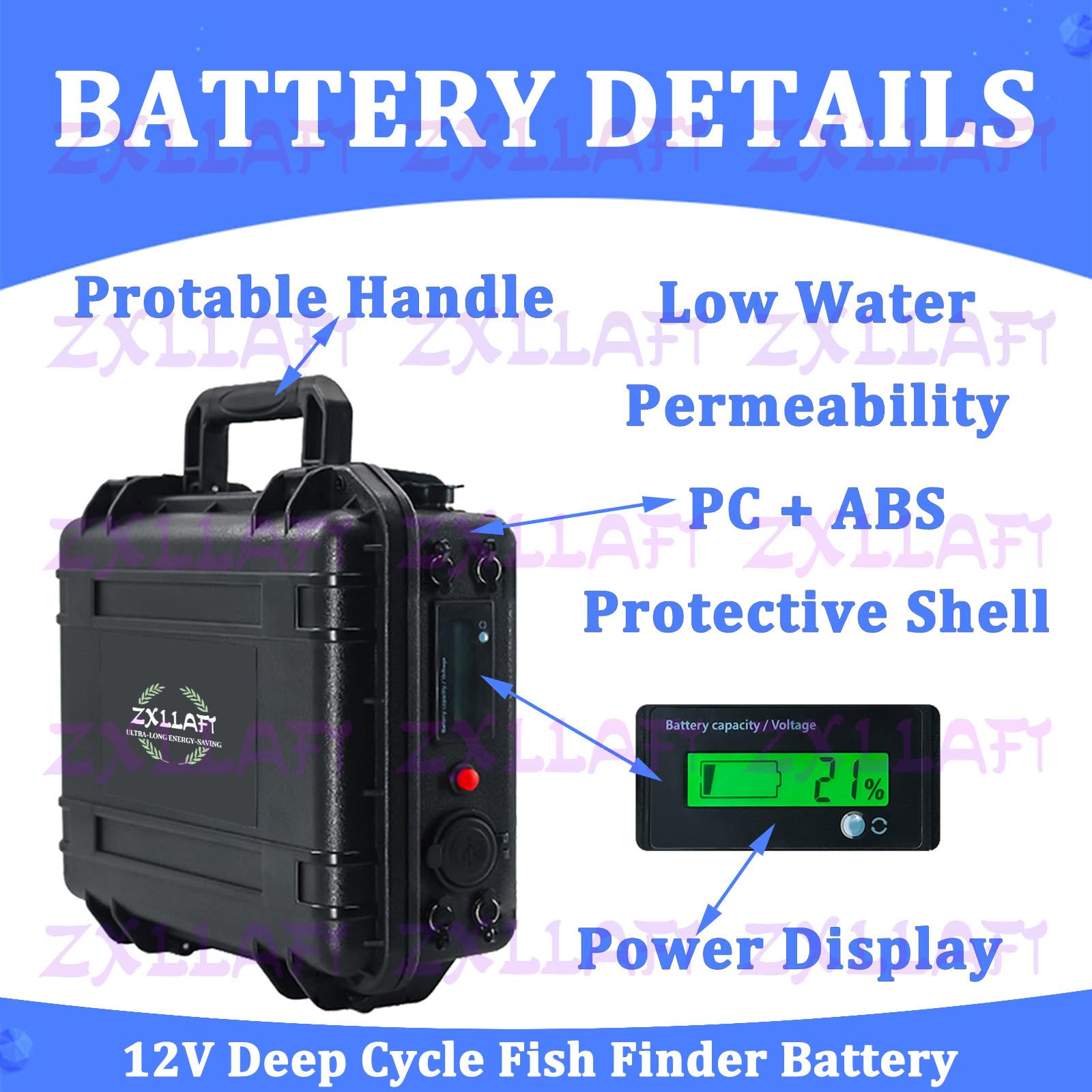 Batteria ecoscandaglio 12V Batteria al Litio con BMS | Batterie per motori elettrici (outdoor) Batterie ricaricabili per propulsione nautica con porta maschio GX16-2, display