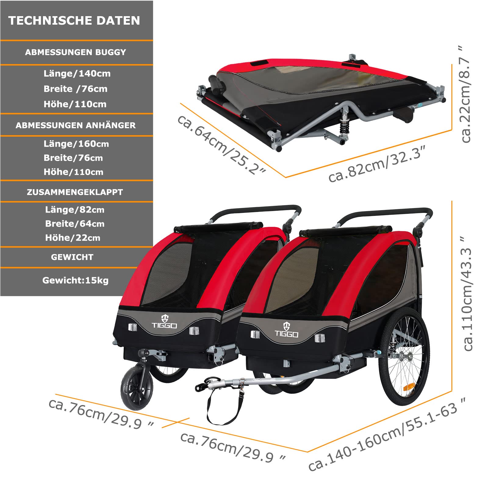 TIGGO World Rimorchio per bicicletta bici Jogger 2 in1 Ciondolo Bambini