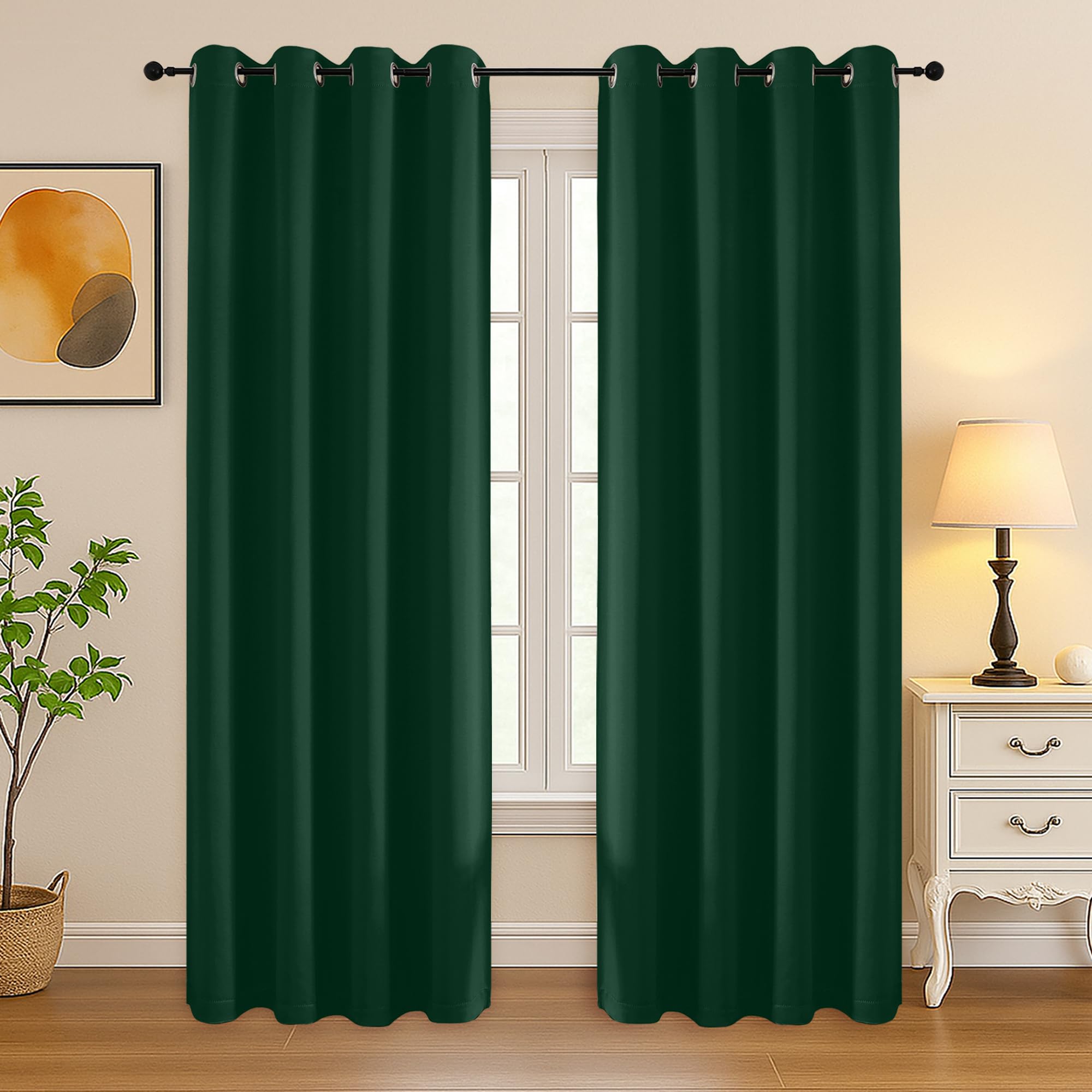 Simplebrand Ever Green Curtains for Bedroom Living Room 72 Inches Long 2 Panels Set, Room Darkening Thermal Insulated Curtains &amp; Drapes, Solid Grommet Noise Reducing Window Treatment, W50 x L72 Inch