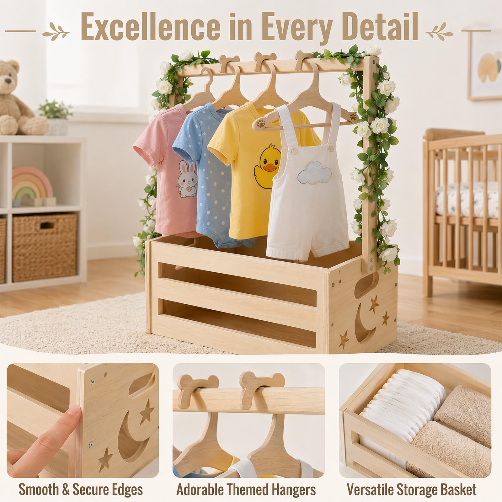 Holz Babyparty Kiste Kleiderbügel Praktische Baby mit Griff, Kinder Kleiderbügel und Girlande -Aufbewahrungskiste Bambus-Dekorbox Mehrzweck Babyparty Geschenkkorb für Schwangere Neue Eltern