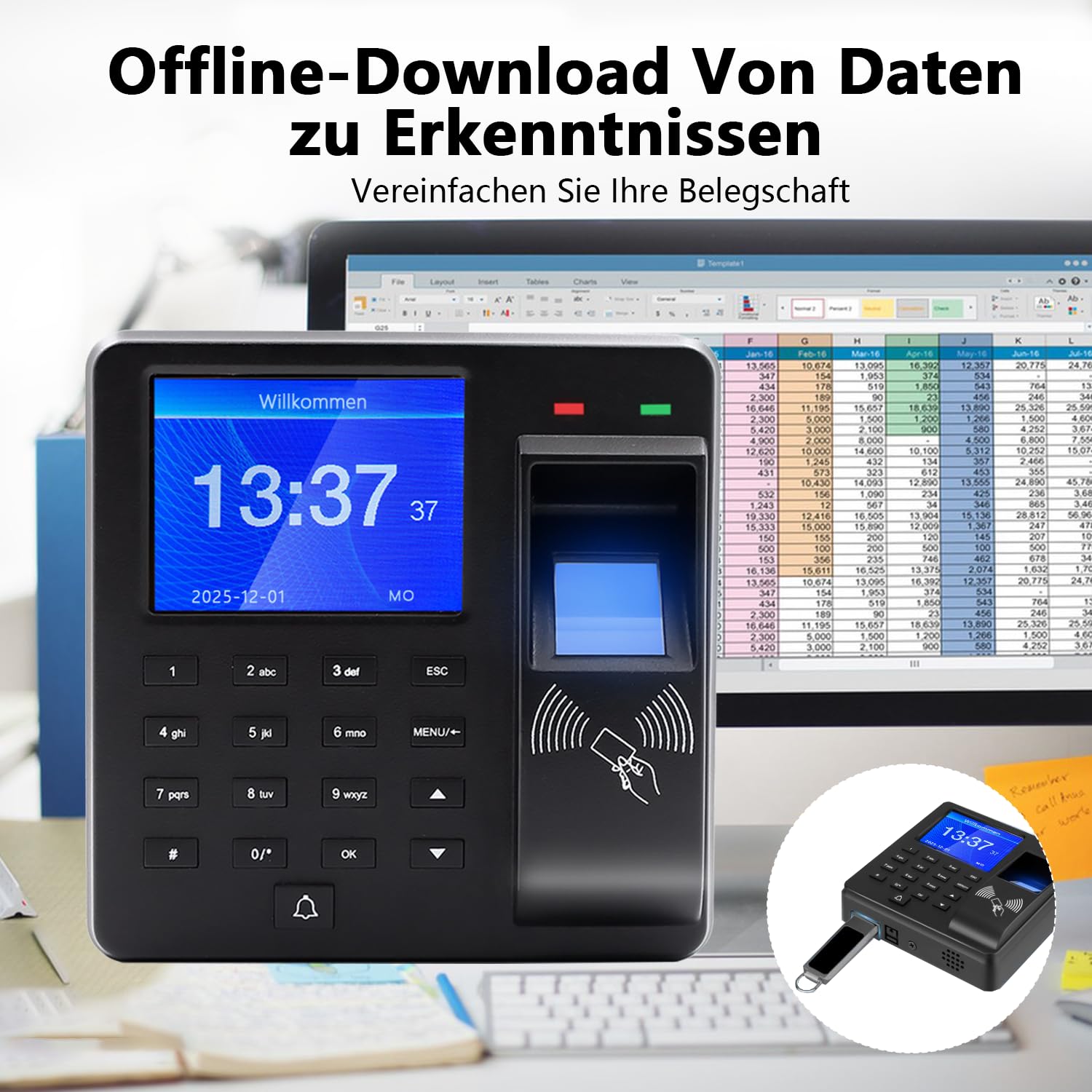Sistema di rilevamento del tempo per piccole imprese, dispositivo di rilevamento del tempo 3-in-1 con impronta digitale, password e lettore di carte, capacità impronte digitali 1000, sistema di