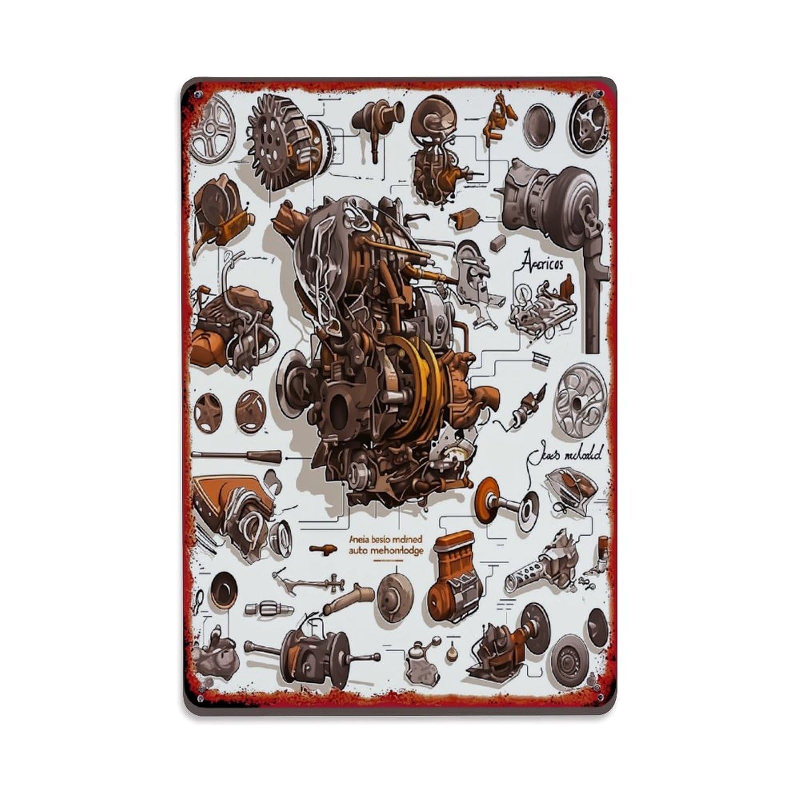 Mechanical Engine Parts Diagram Retro Metal Tin Sign, Vintage Decor Art Poster for Bar, Home, Man Cave, Kitchen, Laundry Room Gift 8x12Inch
