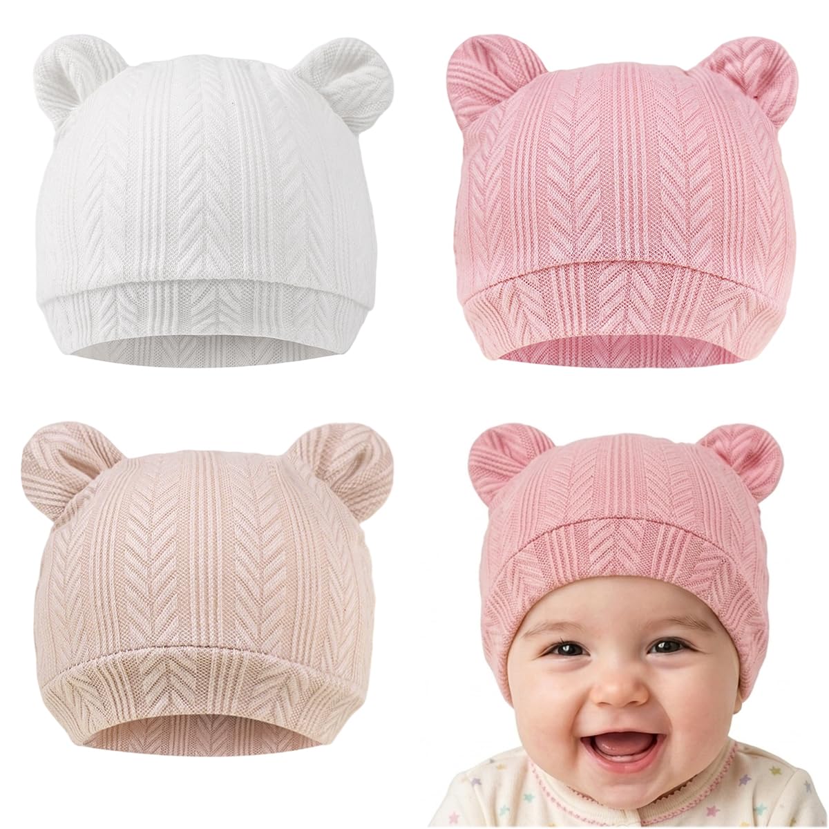 snowie soft SNOWIE SOFT® Newborn Baby Hats Bear Ears Preemie Caps Baby Boy Girl Infant Hospital Beanie for 0-3 Months-Multicolor-picture-1