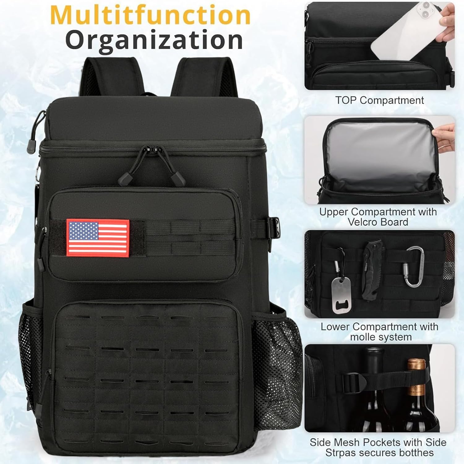 Tactical Backpack Cooler,Tactical Insulated Soft Cooler Bag Large Capacity Leakproof Back Pack,Portable Soft Cooler Bag Waterproof for Beach, Travel, Camping, Picnic, Hiking(Black)