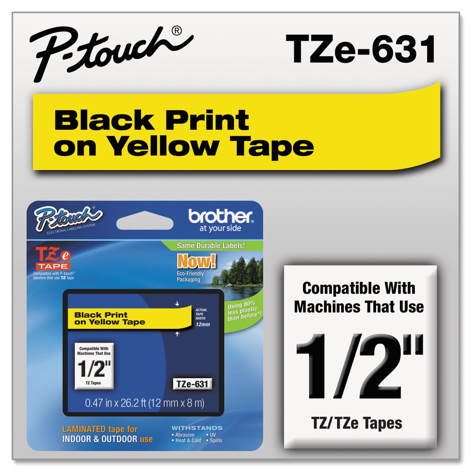 Brother TZE631 TZe Standard Adhesive Laminated Labeling Tape, 1/2-Inch w, Black on Yellow