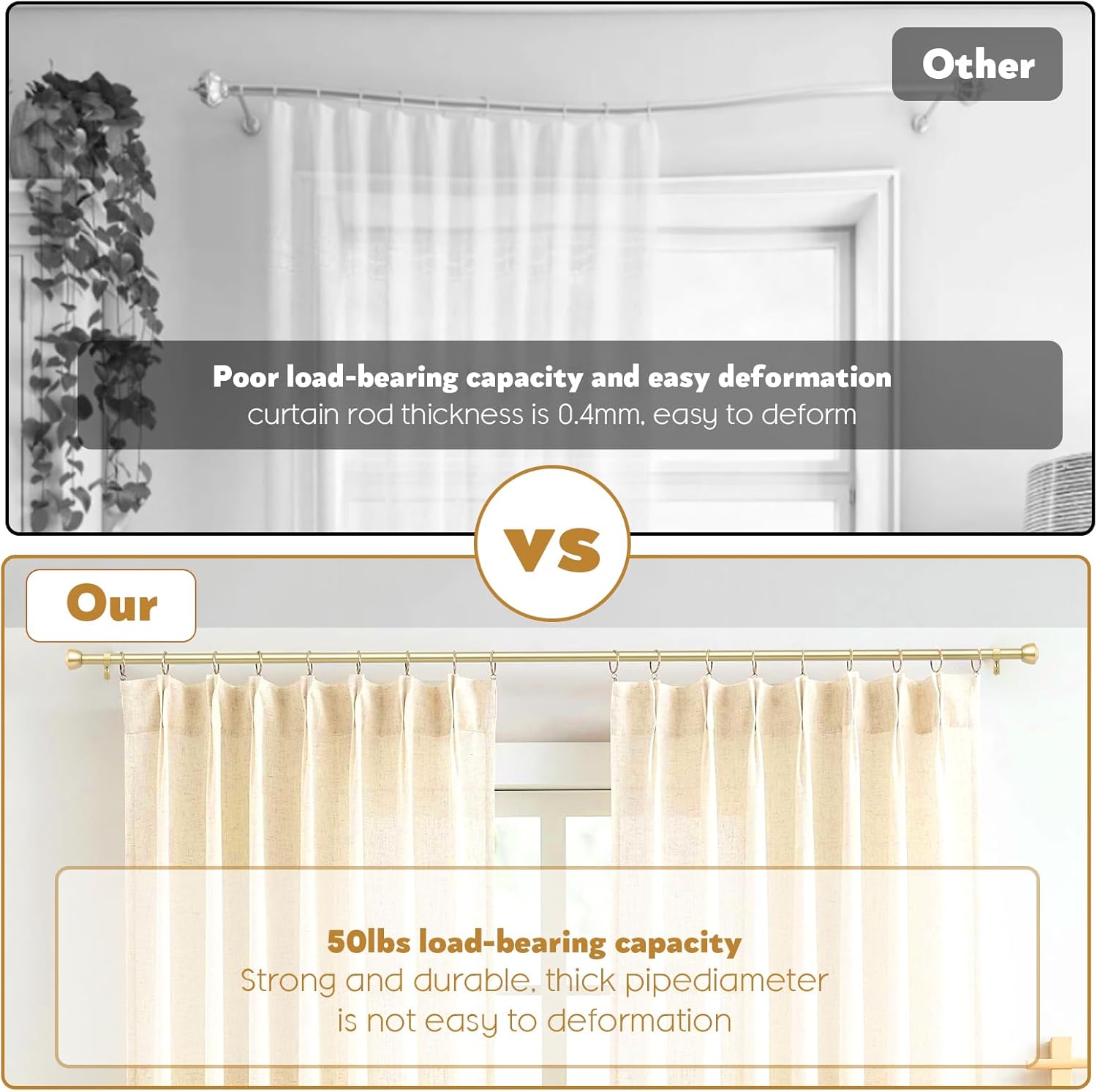 1 Inch Gold Curtain Rods for Windows 144-168 Inches - Heavy Duty Drapery Rods with Adjustable Rods and Ball Finials - Ideal Room Divider and Outdoor Rod,32"-168"
