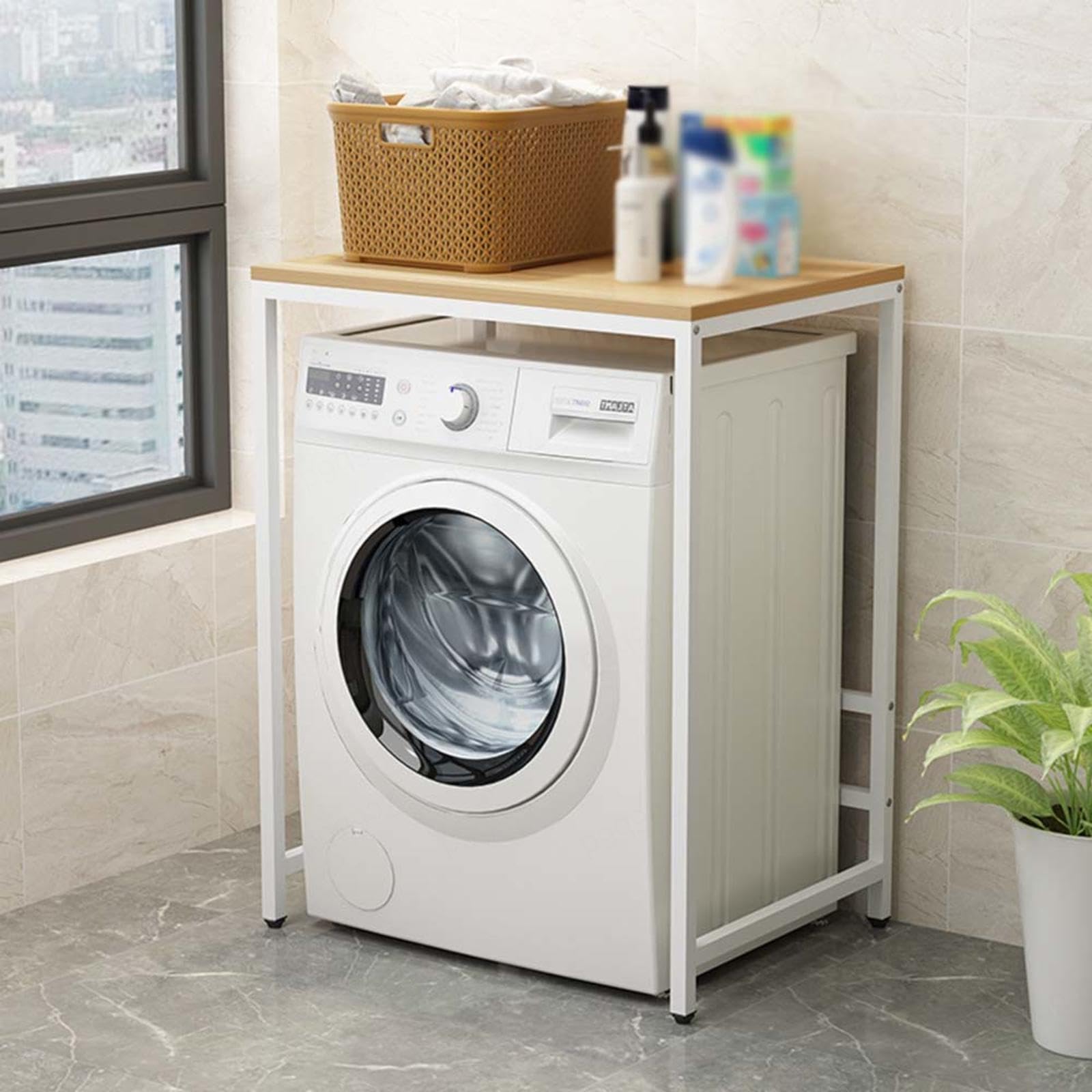 Waschmaschinenschrank – 60 cm breites Trocknerregal aus Holz, modernes Weiß und Holzplatte, ideal für Waschküche