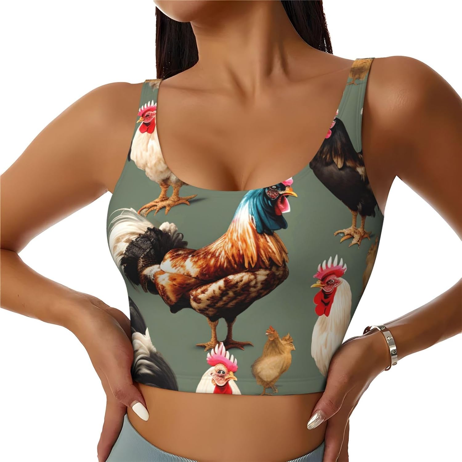 Chicken and Rooster Print Print Women's Strappy Sports Bra, Stretch Gym Bras U Neck Yoga Tops, Comfort Seamless Bra