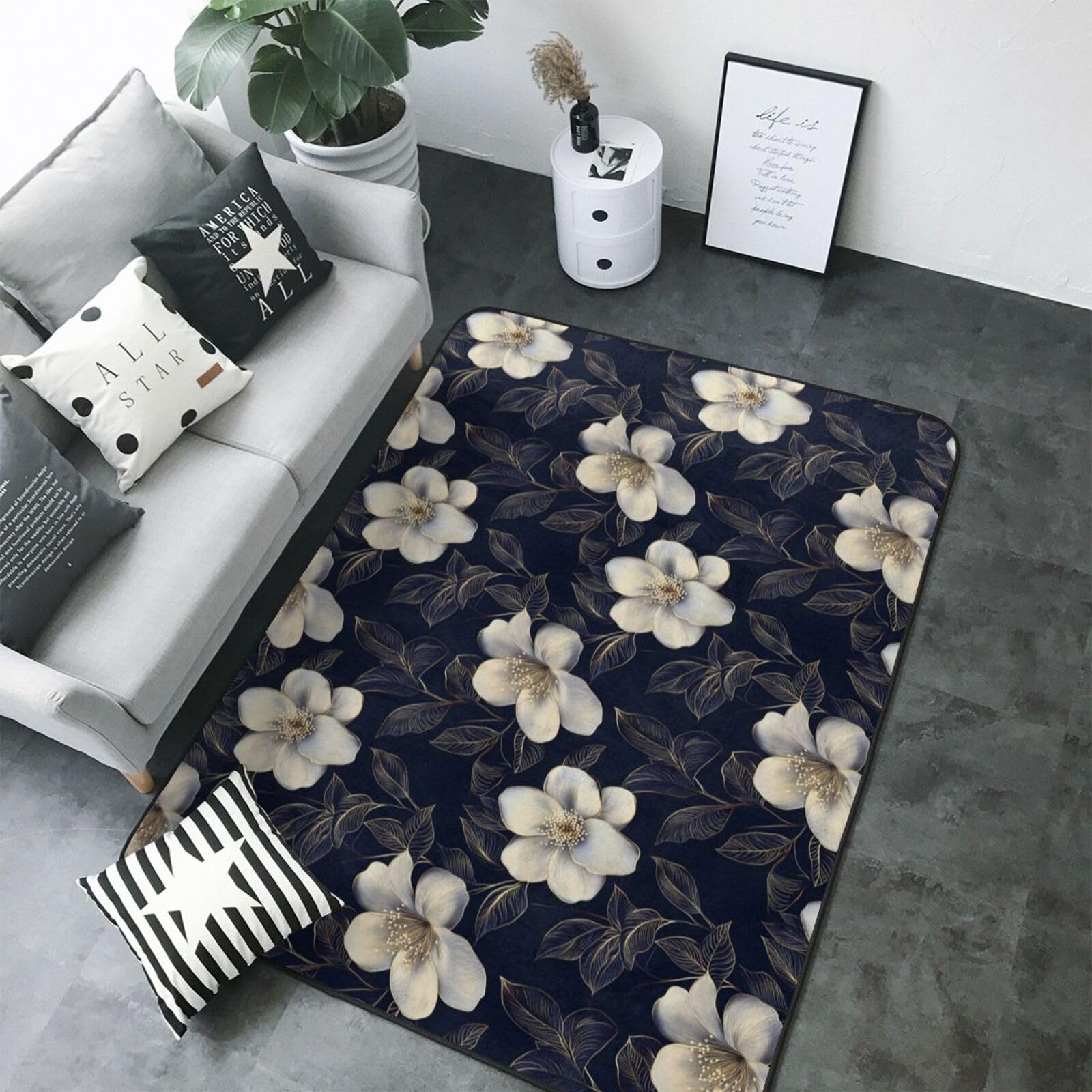 Tapis élégant pour chambre à coucher au motif floral blanc et antidérapant