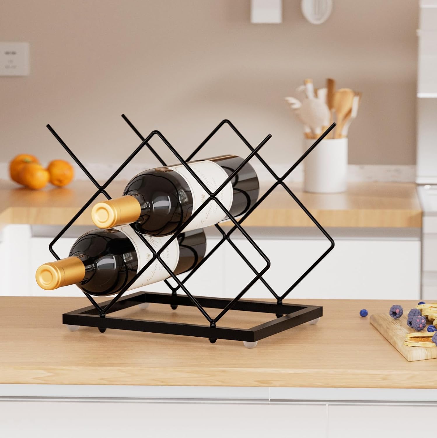 Urban Deco Small Wine Rack 5 Bottle Holder - Modern Metal Wire Wine Storage for Countertop Table Top Coffee Bar Kitchen, Black
