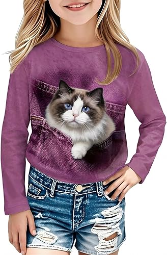 Girls Cute Cat Graphic Tee - Kids Kitty Print Shirt Purple Long Sleeve Top Retro