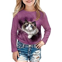 Girls Cute Cat Graphic Tee - Kids Kitty Print Shirt Purple Long Sleeve Top Retro Fun Denim T-Shirt Fan Lover Outfit