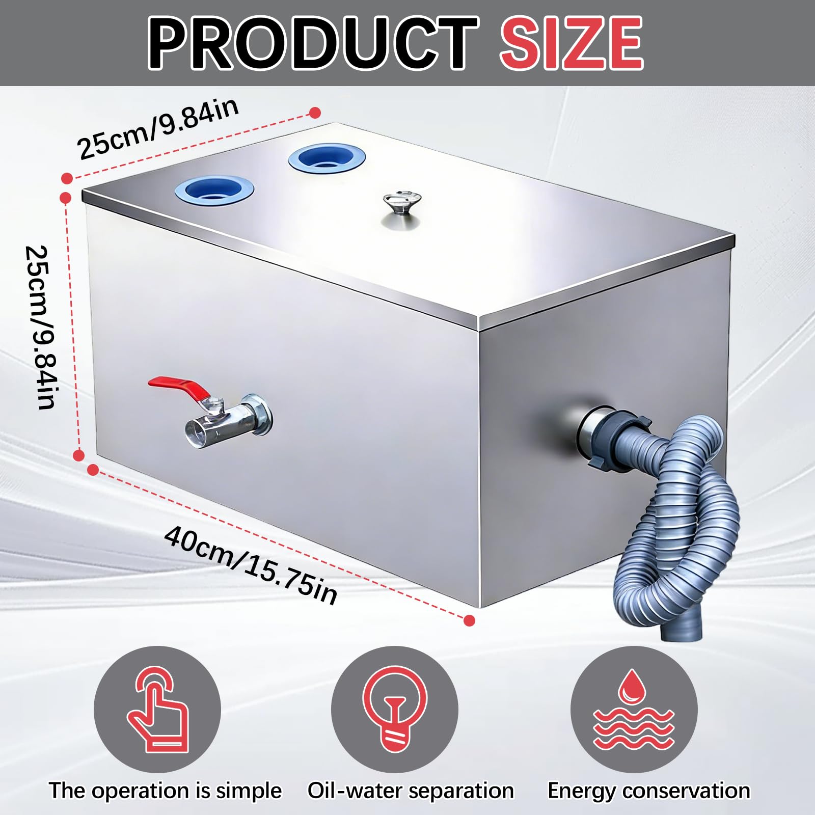 Interceptor de Grasa Comercial, 25L Separador de Grasa de Acero Inoxidable Separador para Aguas Residuales Bajo Fregadero con Dos Entradas Superiores para Cocina Cantina 40x25x25cm