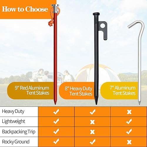 Miniatura 2 de Estacas para tienda de campaña, 481216 unidades de estacas de aluminio resistentes y ligeras de 9 pulgadas con cabeza de cuerda y bolsa de