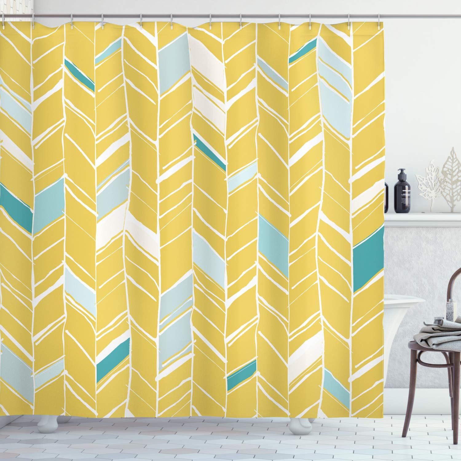 Ambesonne Yellow Chevron Shower Curtain, Herringbone Pattern Zig Zag Lines in Hand Drawn Doodle Art Style, Cloth Fabric Bathroom Decor Set with Hooks, 69" W x 70" L, Pale Blue Mustard