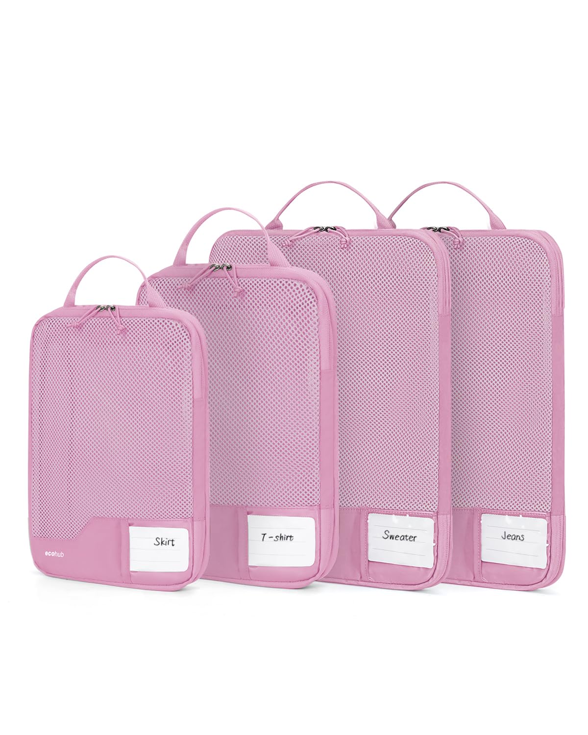 ECOHUB Kompresyjne Kostki do Pakowania 4 szt., Organizer do Walizki z ID Tag, Ekologiczne Packing Cubes, Wytrzymałe Torby Podróżne z Siatką, System Oszczędzający Miejsce(Różowy)
