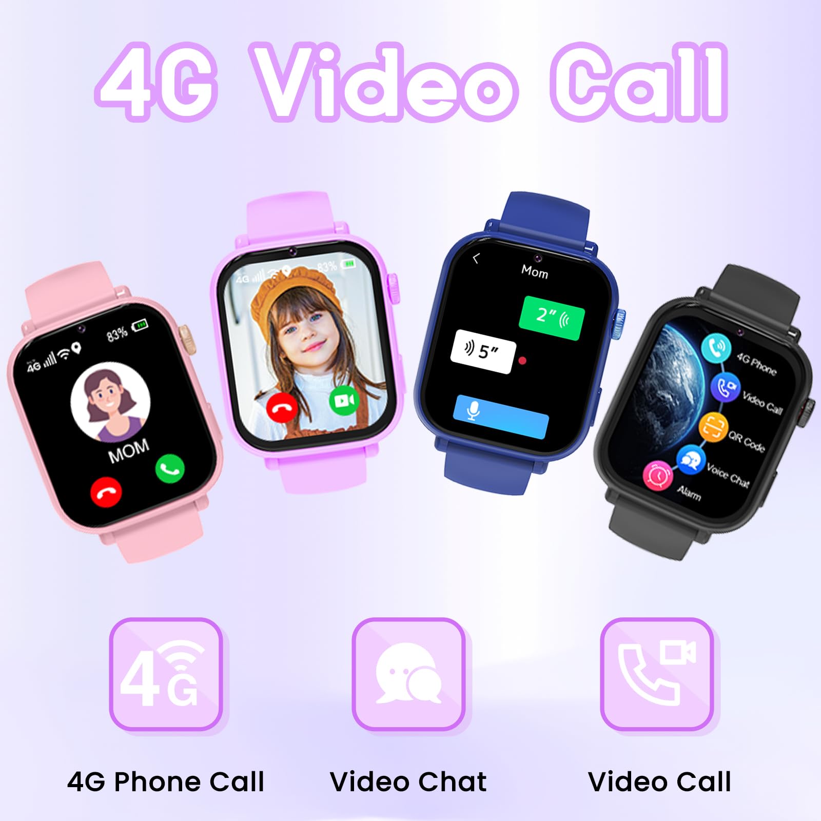 PTHTECHUS Smartwatch Bambini, Orologio per Bambino Bambina GPS | 4G Telefono Gioco, Smartwatch Ragazza e Ragazzo 4-12 Anni Regalo, Orchid