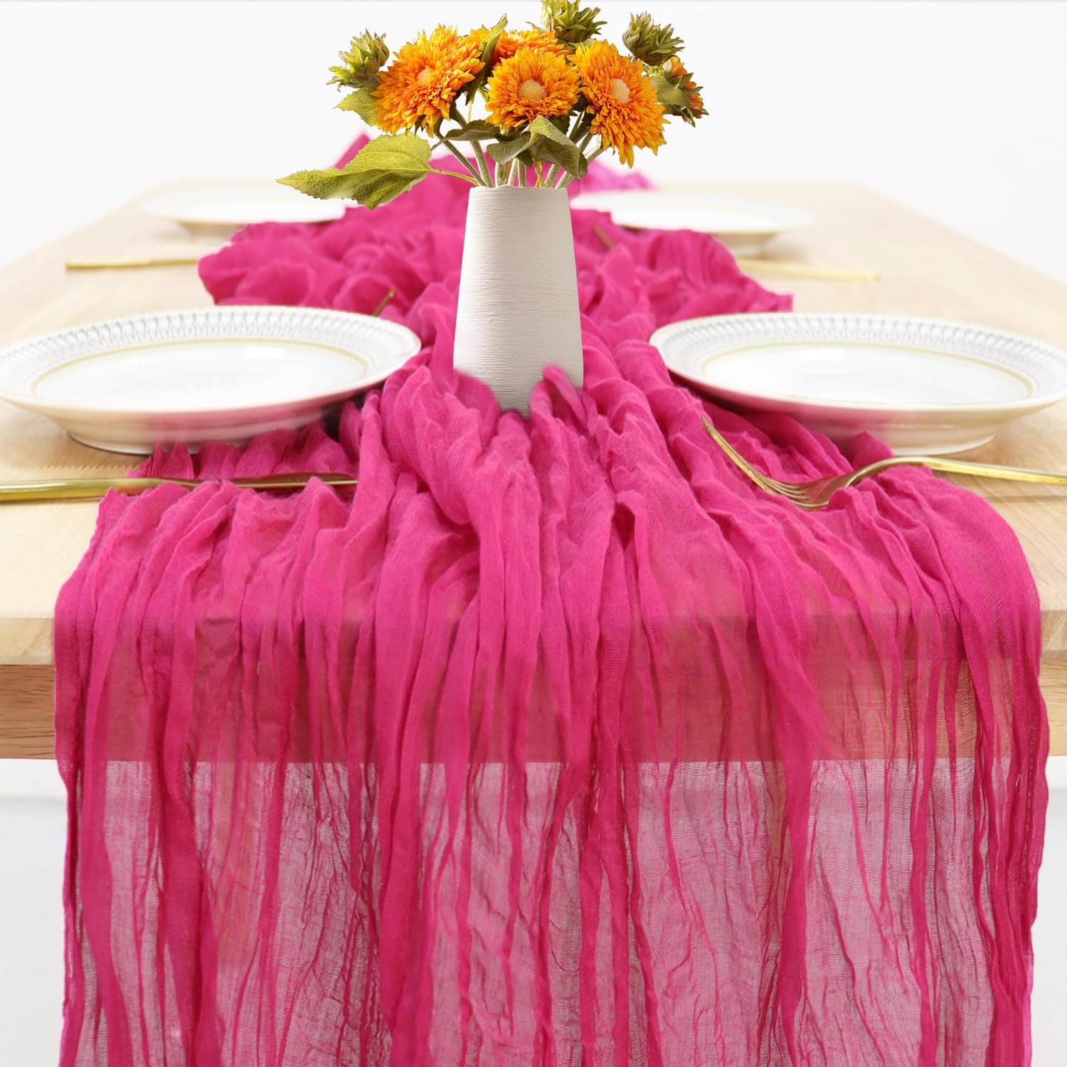 MODFUNS 13ft Hot Pink Gauze Table Runner Sheer Cheesecloth Table Runners Fuchsia Tablecloth Runner for Party Wedding Cheese Table Cover Romantic Semi Sheer Table Overlay for Birthday Reception Feast