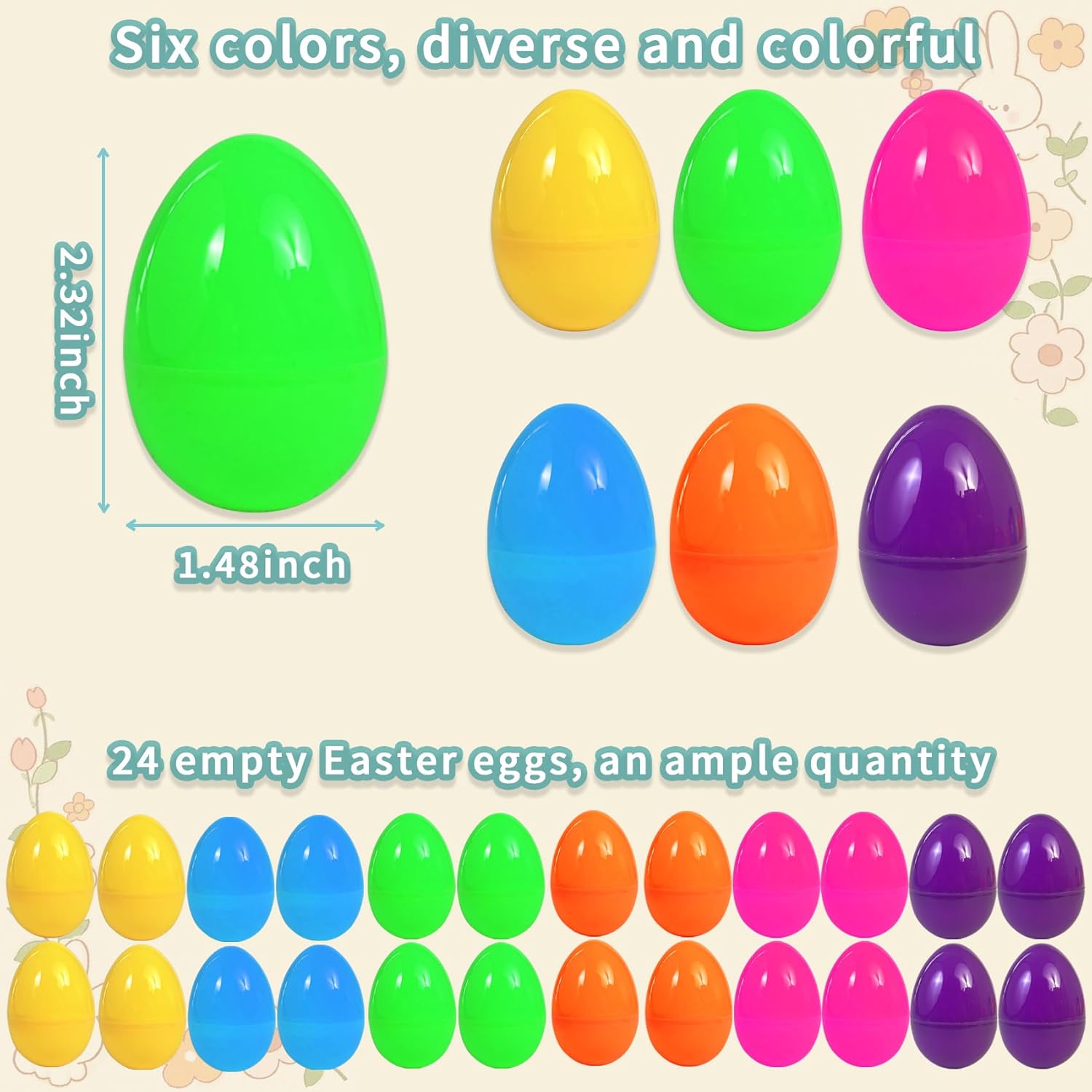 UOUYOO Empty Easter Eggs 2.3" Colorful Bright Plastic Easter Eggs for Easter Egg Hunt, Suprise Egg, Easter Hunt 24Pcs
