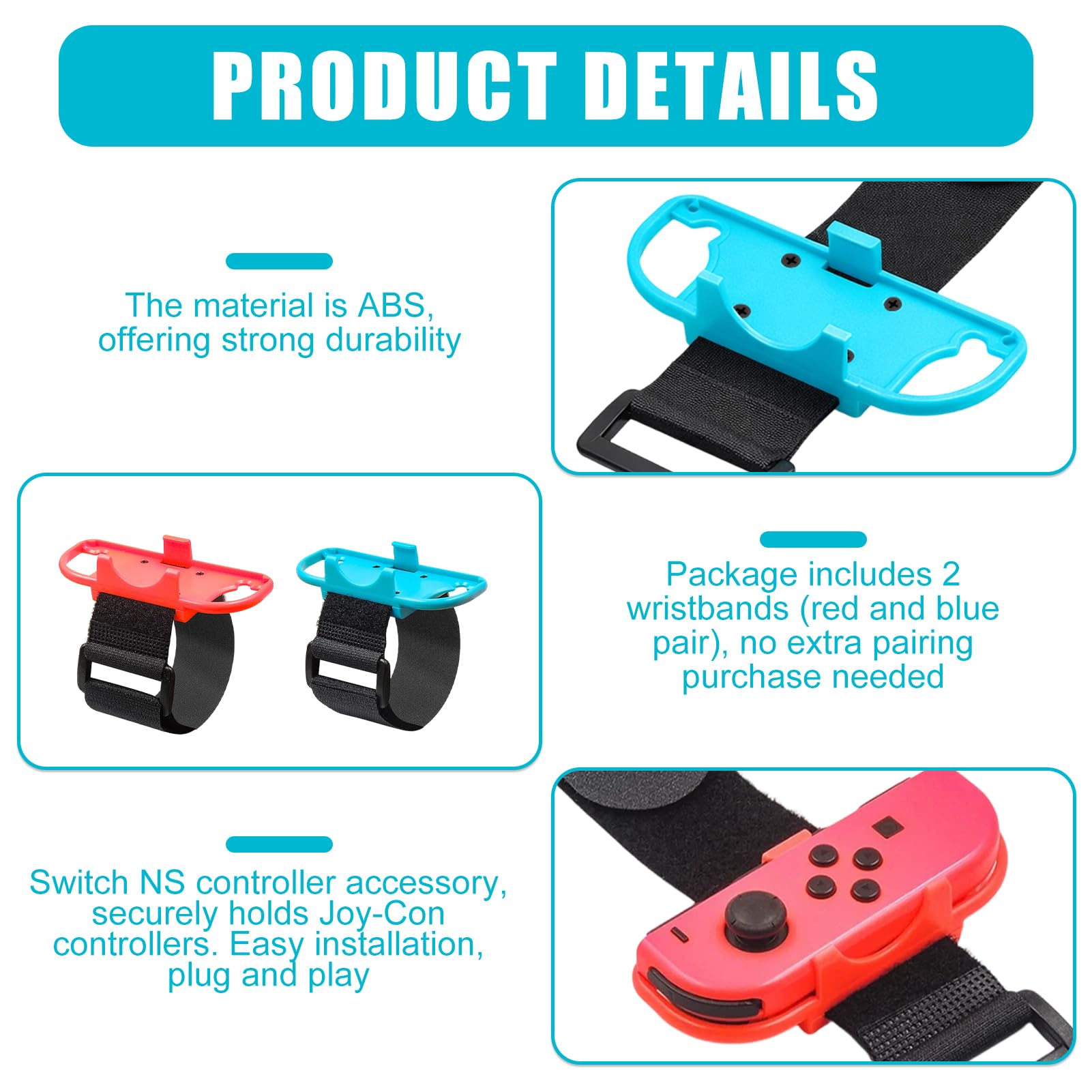 VBK 2 Pack Bracelets pour Dance, Sangle de Poignet Réglable Compatible avec Just Dance 2025 2024 2023 2022 2021 et Zumba, Bandes Brassard Élastique Réglable Adapté Adultes et Enfants, Rouge et Bleu - 4