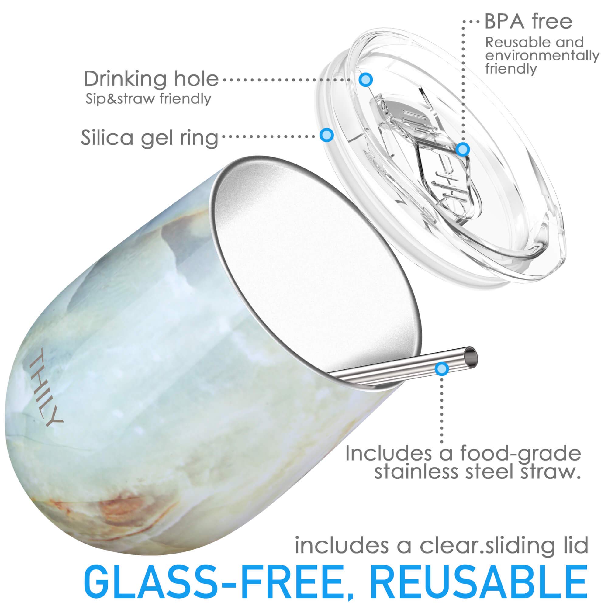 Wine Tumbler Vacuum Insulated Stemless, Markline 12 oz Triple-Insulated Stainless Steel Wine Glasses with Lid and Straw - Image 3