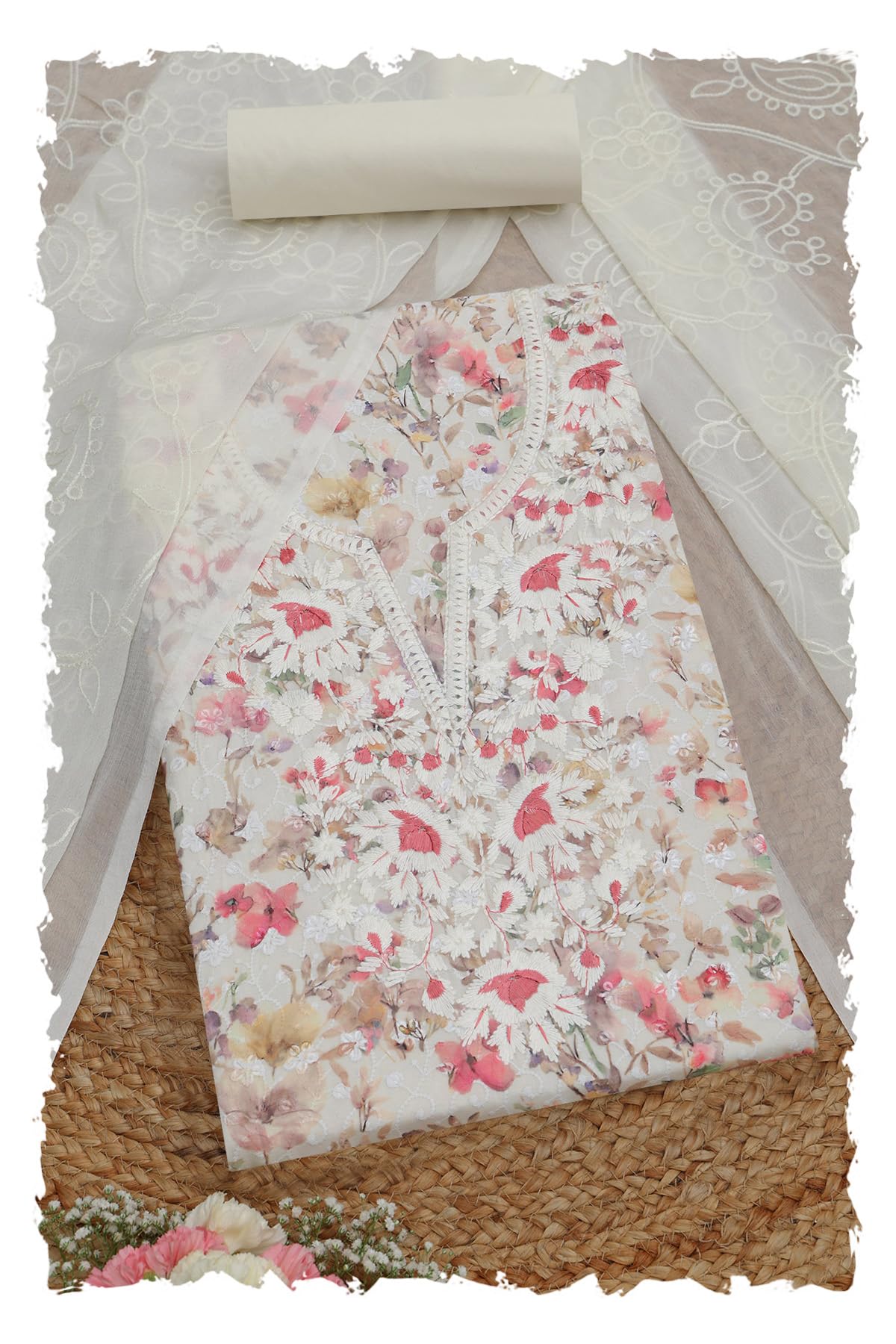 Womens Cotton Floral Print Unstitch Dress Material With Thread Work