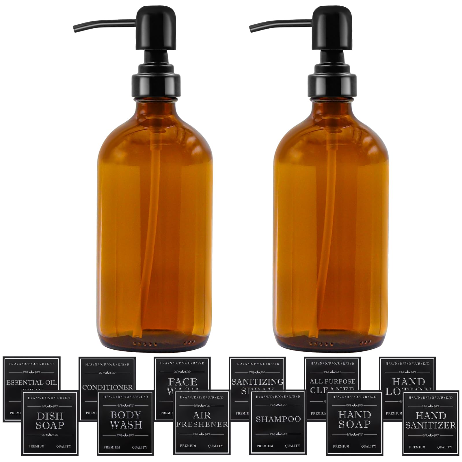 2 dispensadores de jabón de cristal, dispensador de jabón marrón, 500 ml, con dispensador de bombas y etiquetas, dispensador de jabón para cocina, baño