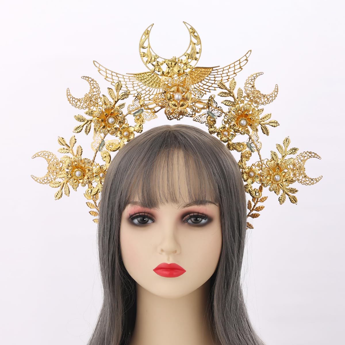 COSDREAMER Virgin halo headpiece crown Silver pearl Women's Masquerade Crown Sunburst Halo Crown Headband Women's Headband Party Costume Accessories (Glod) - Image 3