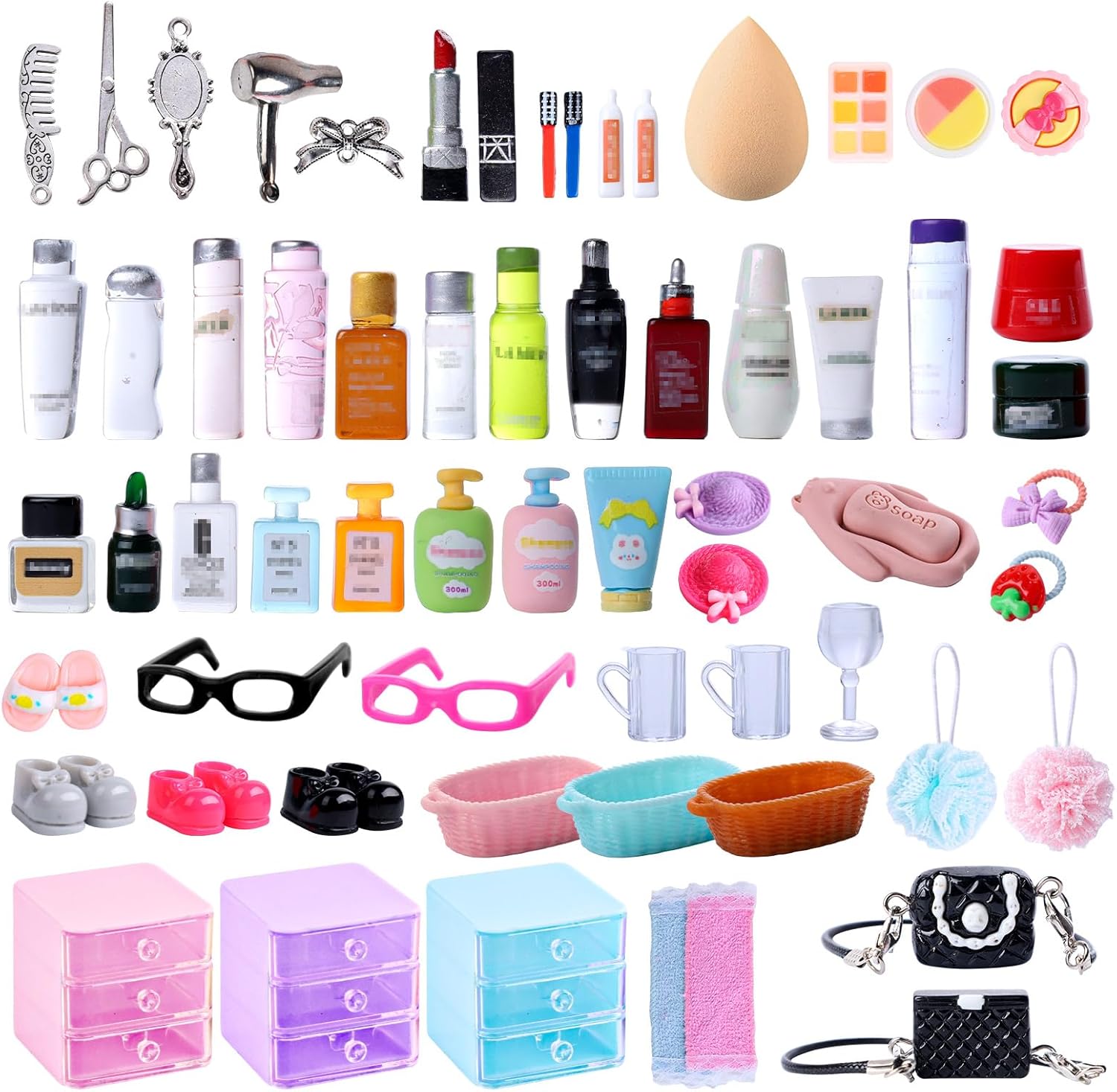 76pcs Miniature Dollhouse Accessories,Dollhouse Bathroom Set with Makeup Set Towel Toothbrush Shampoo Toiletries Set,Miniature Stuff Jewelry Storage Case Perfume Shoes Backpack for Girl Micro Scene