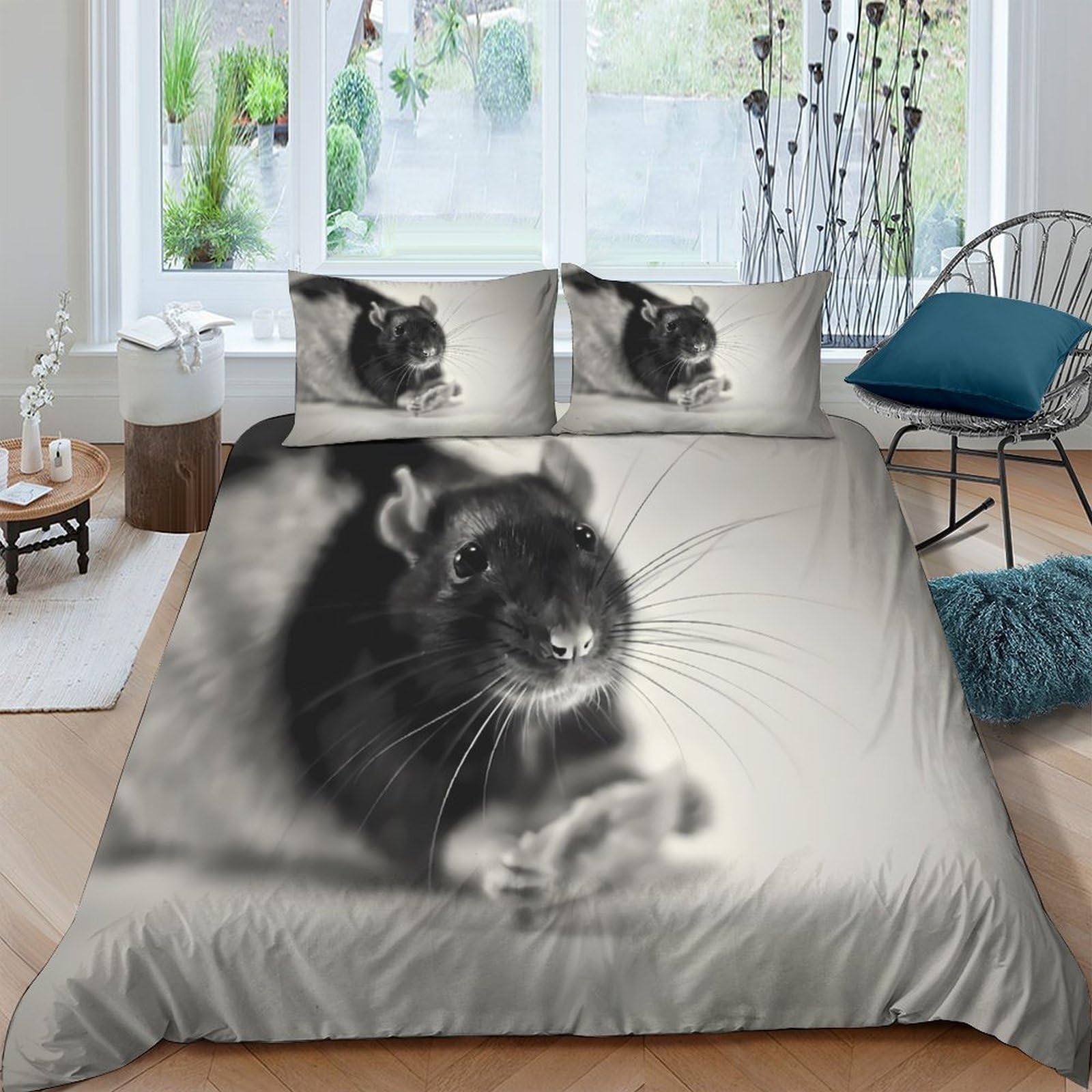 GPLZQXKJNH 3D Printed Black Rat Duvet Cover Microfiber Soft Breathable Grey Animal Bedding Set with 2 Pillowcases for Bedroom Decor, Single（135x200cm）