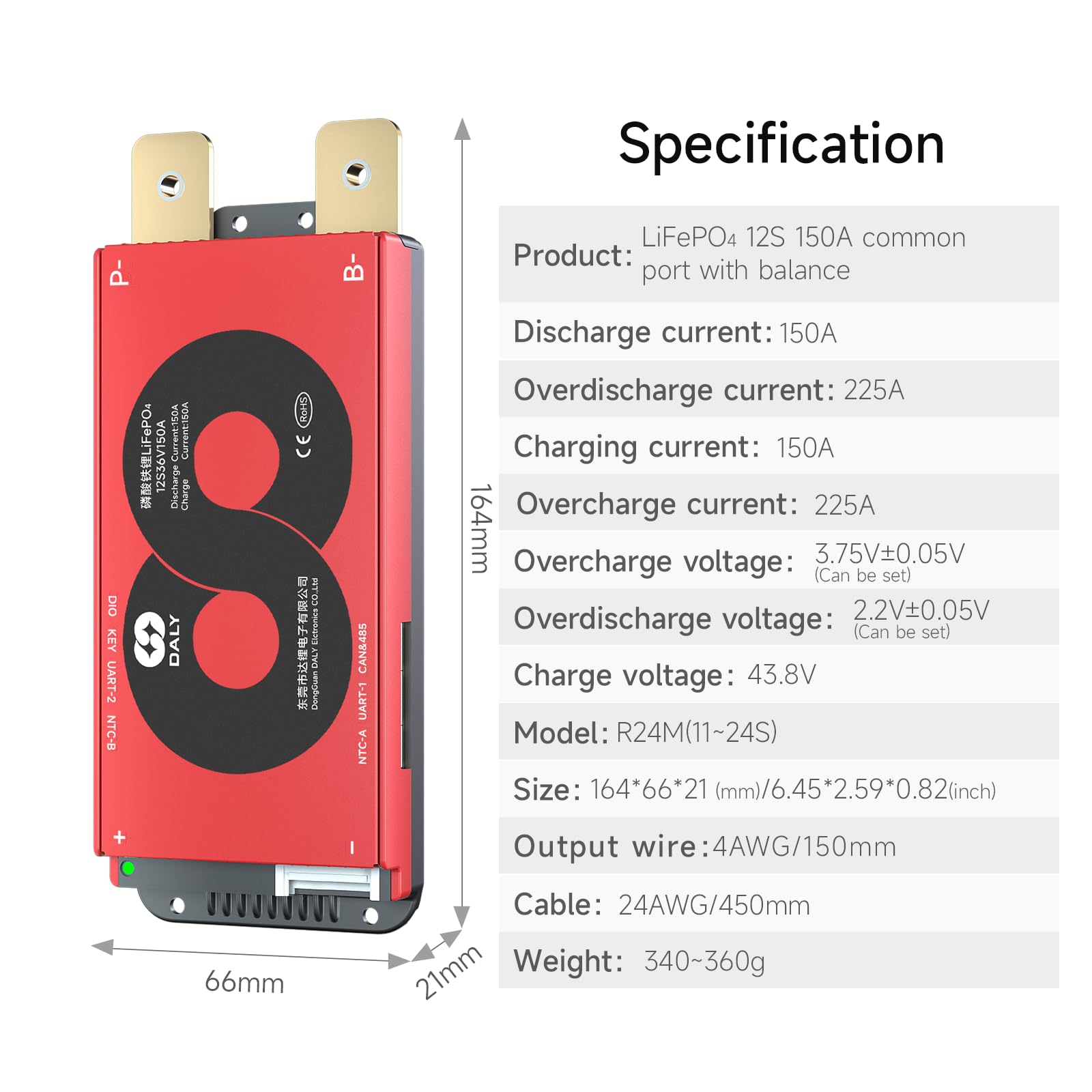 DALY Smart 12S BMS 36V mit WiFi Modul und CAN 485 Kommunikationsschutzplatine für LifePO4 Lithium Akkupack (12S 36V Smart BMS+RS485+CAN+WiFi Modul，150A)