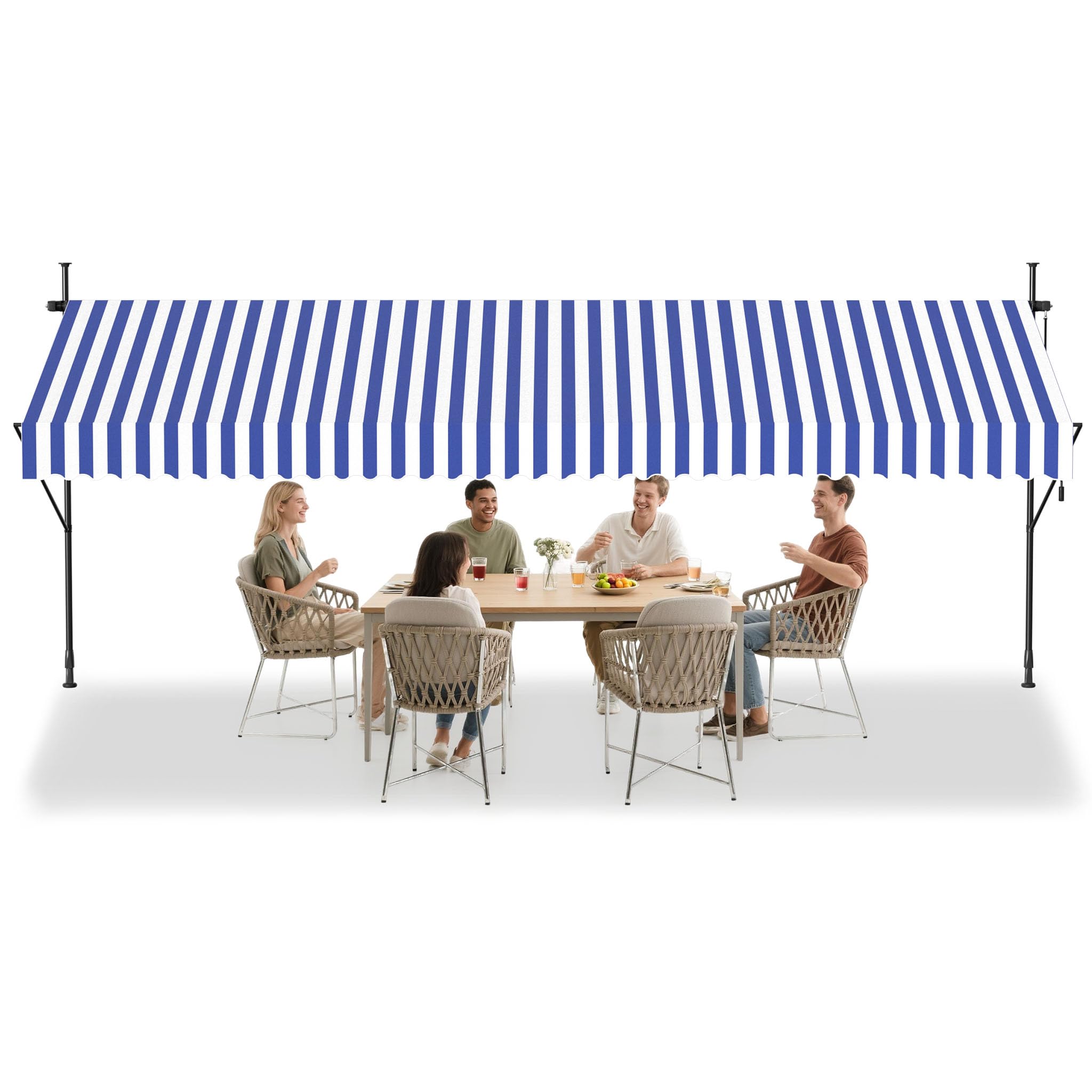 Aufun Clamp Awning with Hand Crank, Balcony 400 x 120 cm, Blue and White Striped, Balcony Awning without Drilling, Polyester Sun Protection, UV-Resistant and Height Adjustable, Patio Canopy