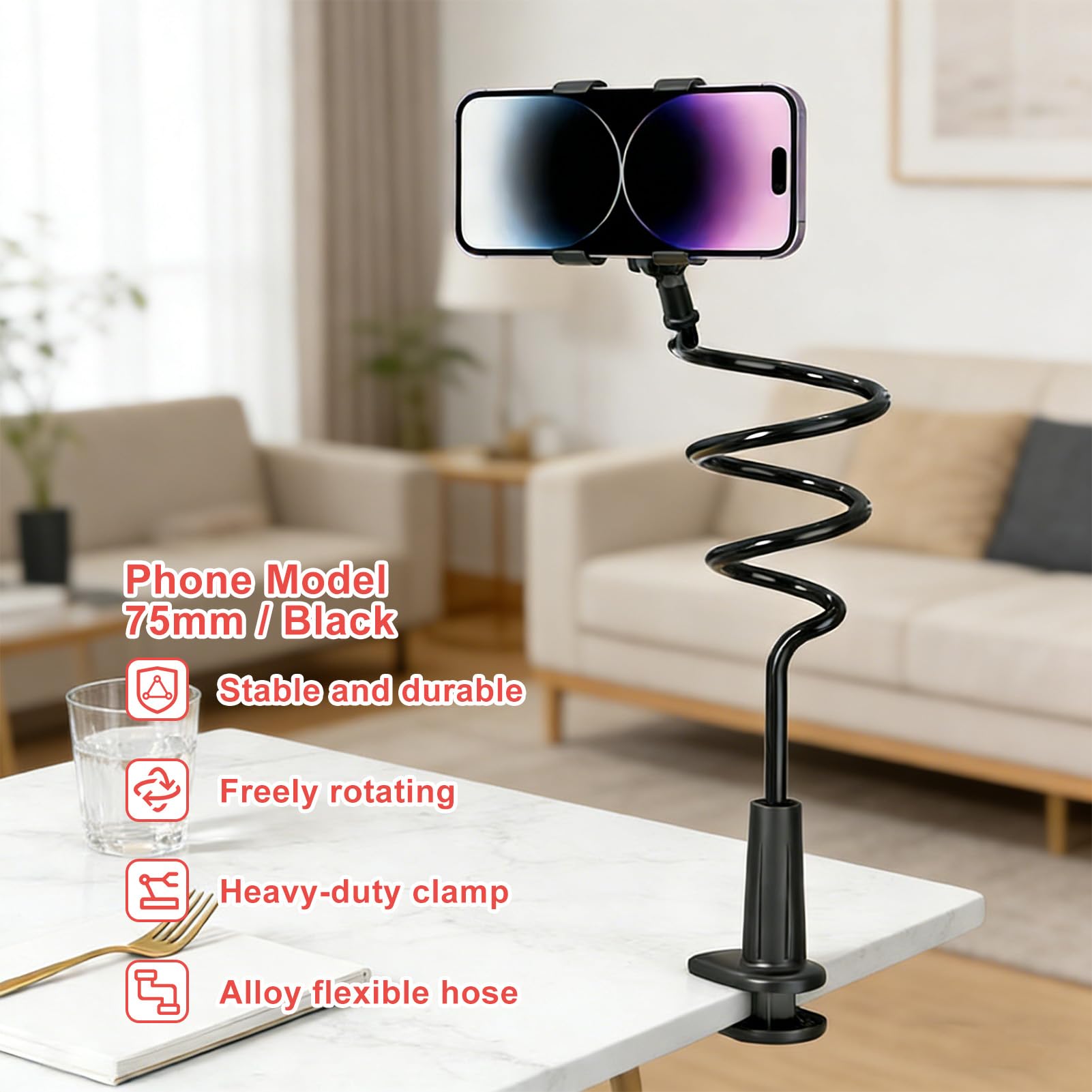 Support Telephone Lit, Support téléphone avec col de Cygne de - Réglable, avec bras télescopique flexible de 75 cm - Convient à tous les modèles - Convient pour les vidéos et regarder des films