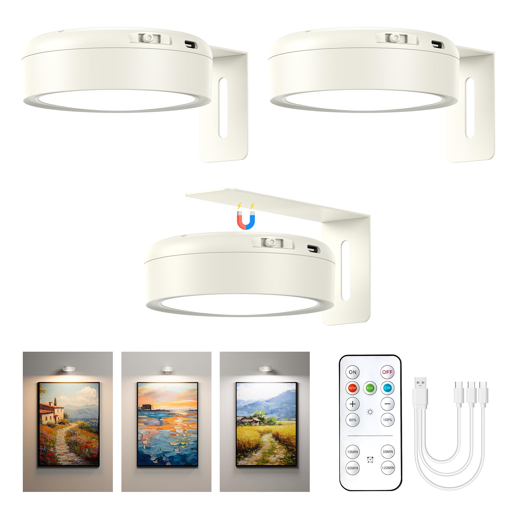 Bonsery Bilderleuchte Kabellos mit Fernbedienung 3er Set, LED bildbeleuchtung Dimmbar & Wiederaufladbar, Akku Wandleuchte mit 3 Farbtemperatur 3000-6500K & Timer, Geschenke für Frauen Männer(Creme)