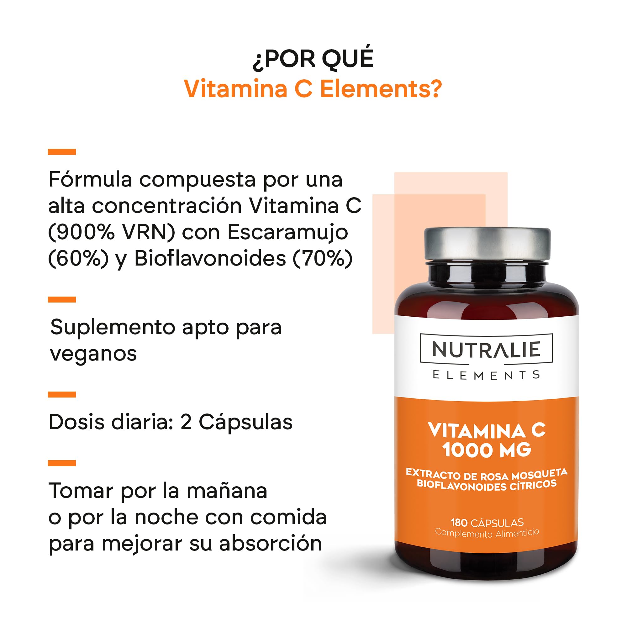 VITAMINA C 1000 mg con + Rosa Canina Ácido Ascórbico - Defensas + Cansancio - Antioxidante - Bioflavonoides + Vitamin C - 180 Cápsulas Veganas Nutralie