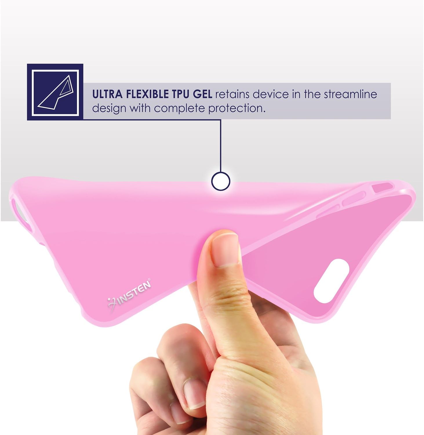 Hand holding flexible INSTEN TPU case, showing its ultra-flexible gel material