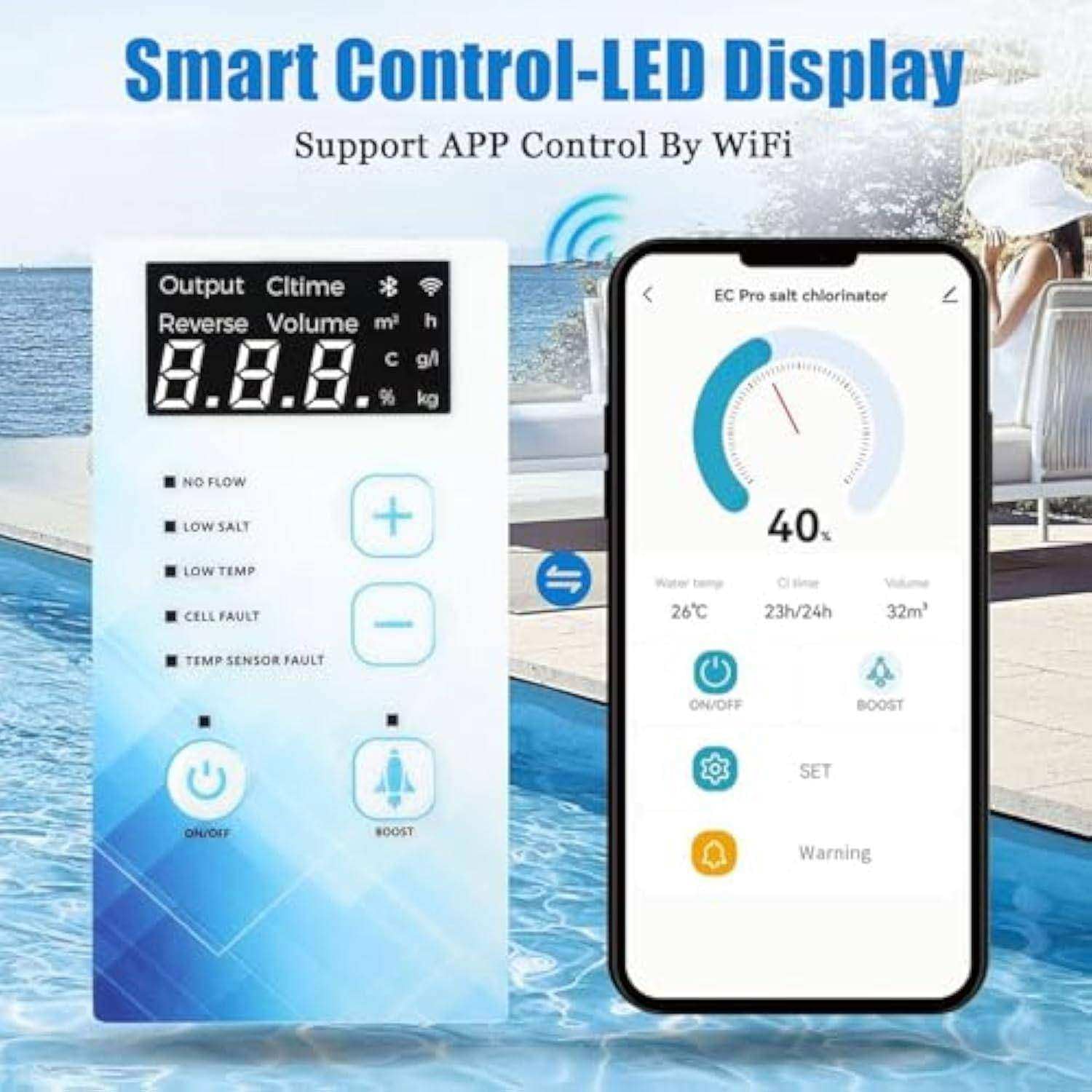 System chlorowania basenu ze słoną wodą, wbudowane Wi-Fi, pilot zdalnego sterowania, panel cyfrowy LED, funkcja samoczyszczenia, nadaje się do basenów do 35 m³, wyjście 8 g/h
