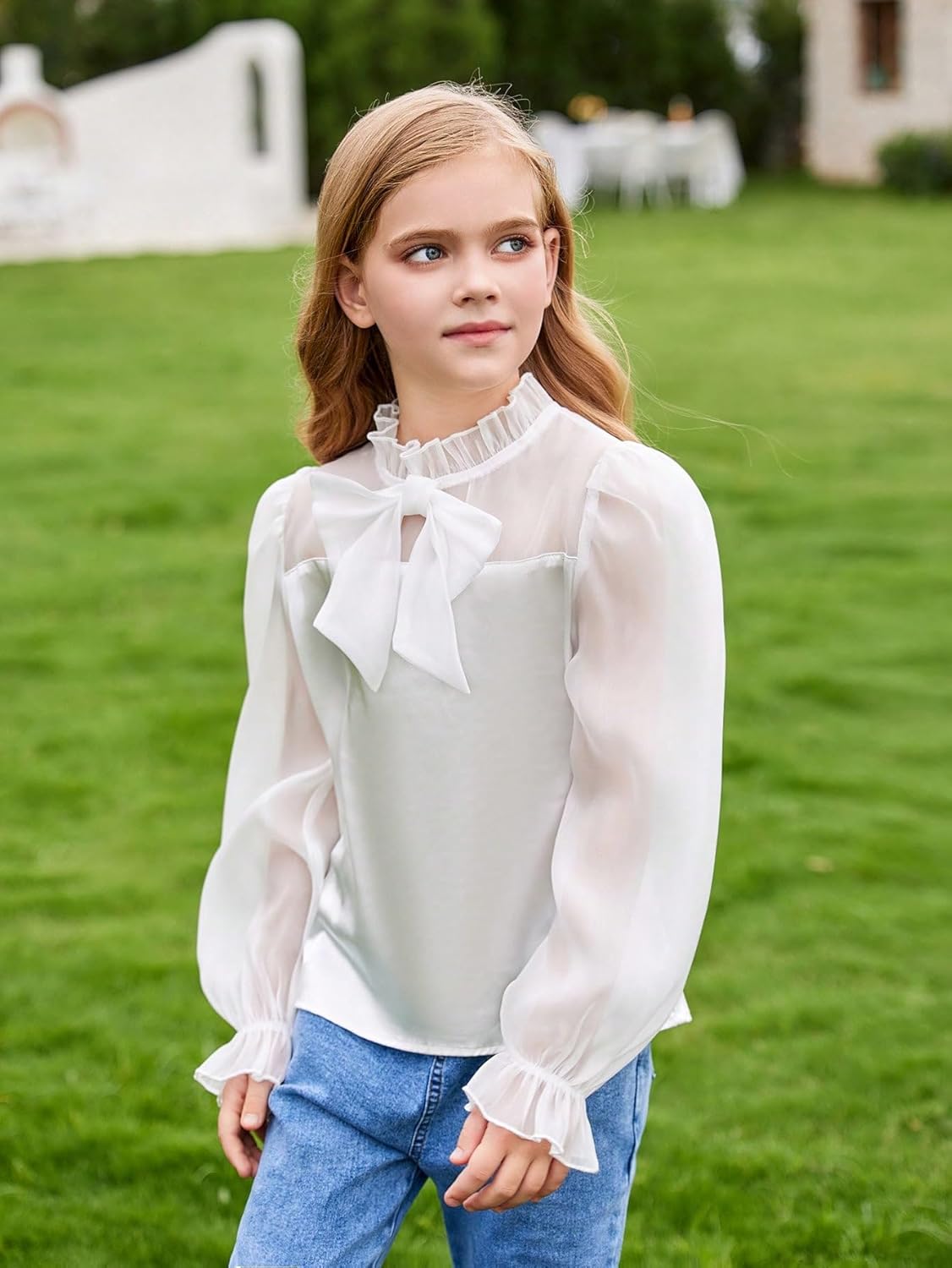 WDIRARA Girl's Contrast Mesh Bow Front Shirt Cute Mock Neck Long Flounce Sleeve Blouse Top - Image 6